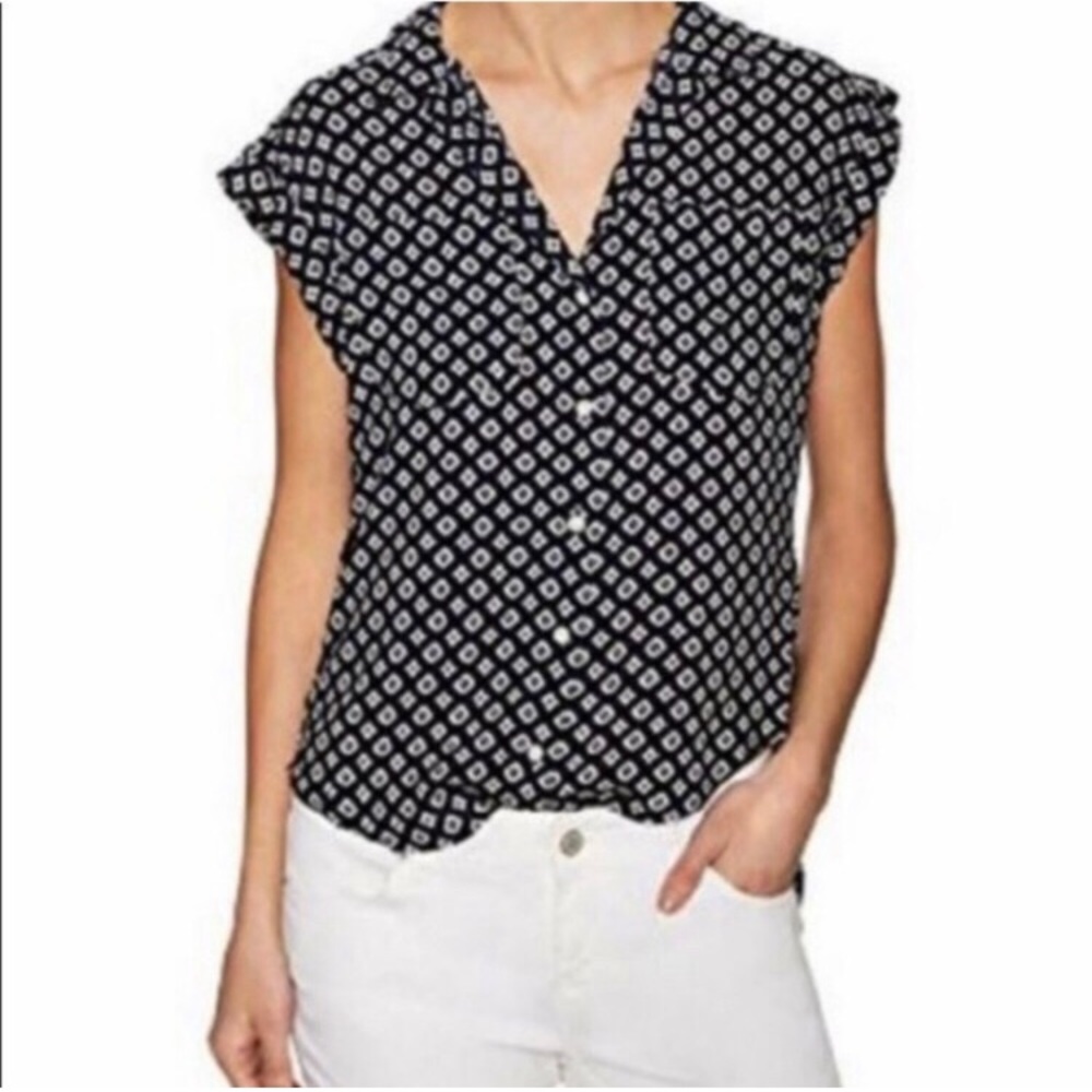 Jachs Girlfriend Cap Sleeve Button Up | Navy Blue White South West Pattern
